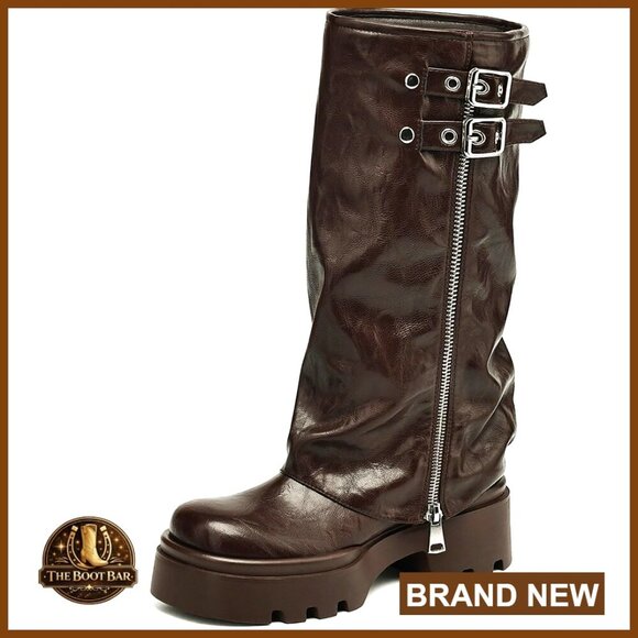 Shoes - Knee High Moto Boots with Fold Over Design, Platform Chunky Heel, Wide Calf